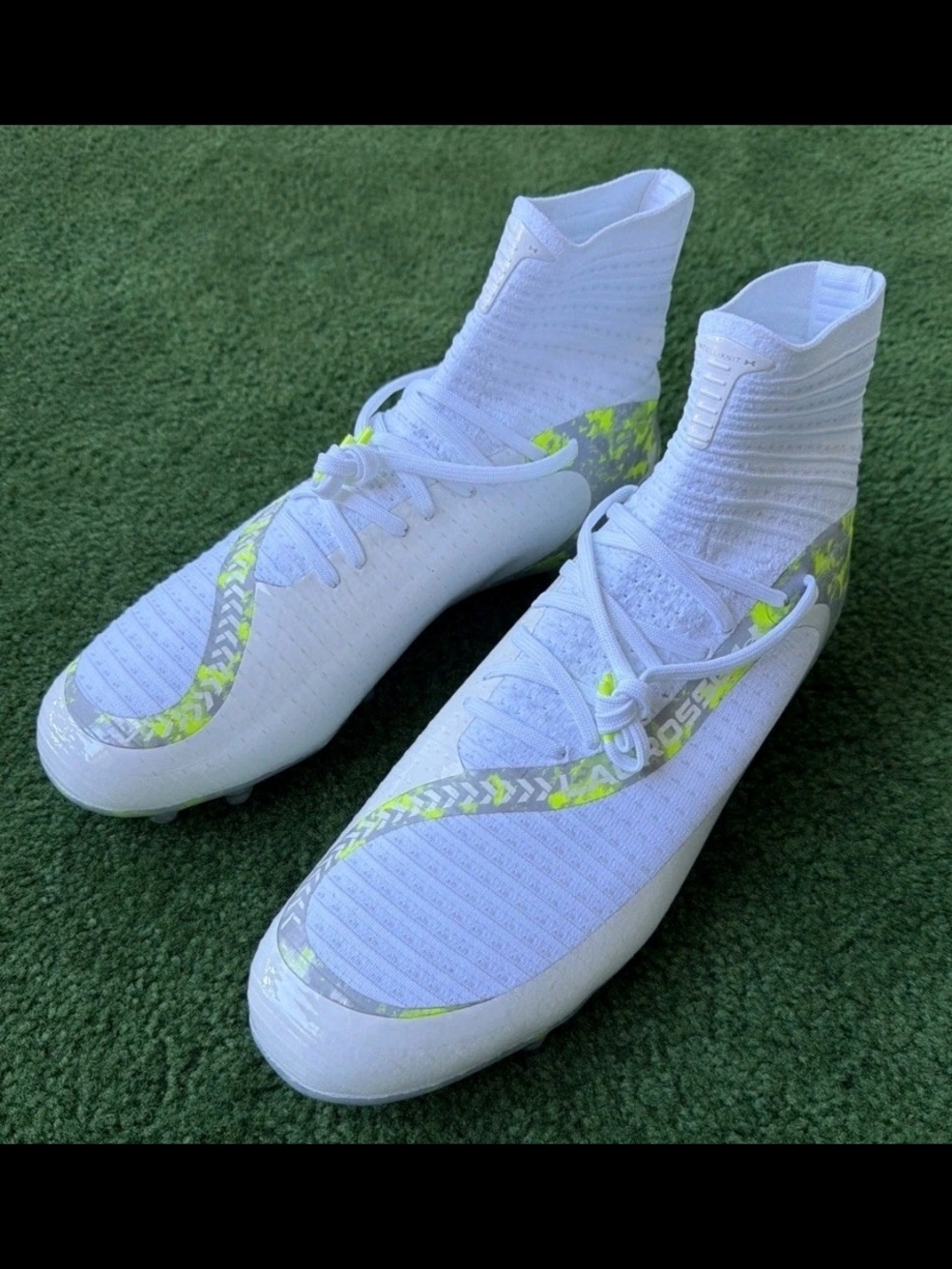 White High-Top Lacrosse/Football Cleats with Neon Yellow Accents